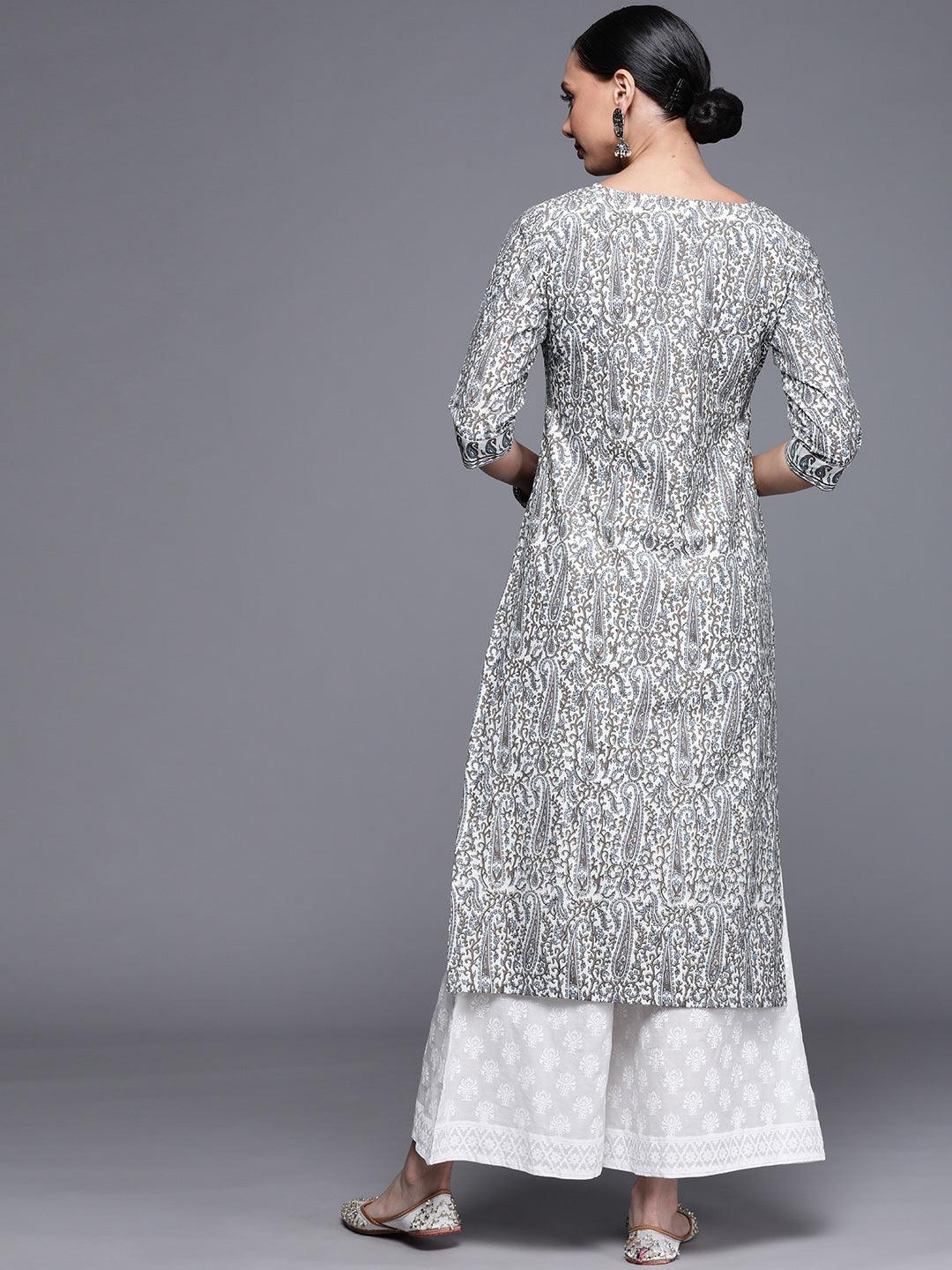 Grey Printed Chanderi Silk Kurta - ShopLibas