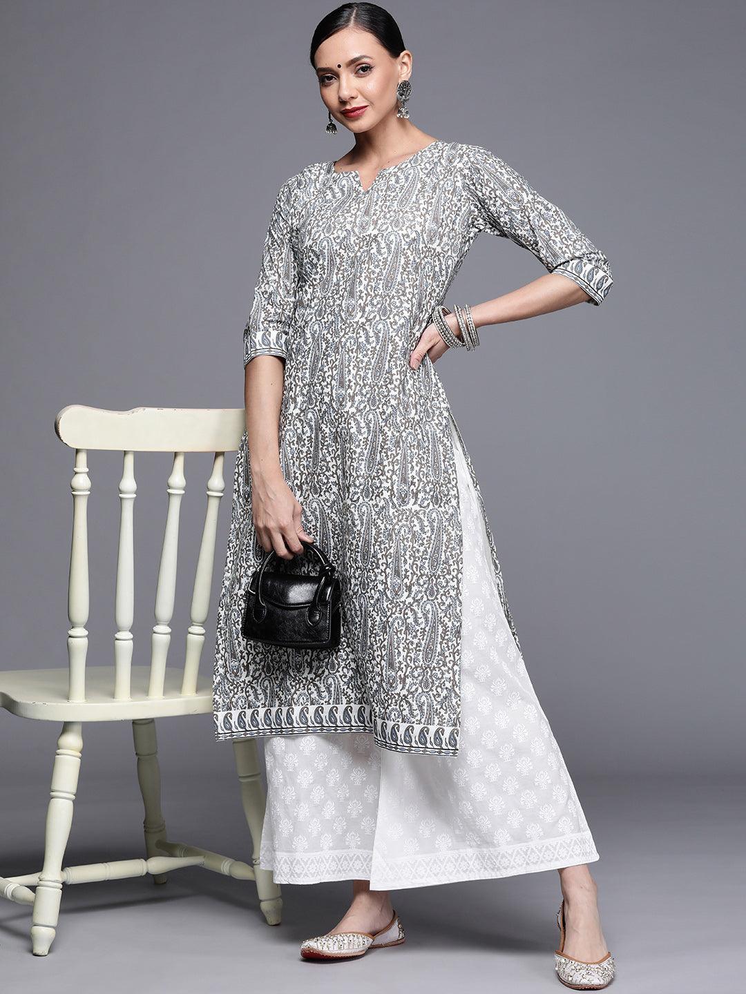 Grey Printed Chanderi Silk Kurta - ShopLibas