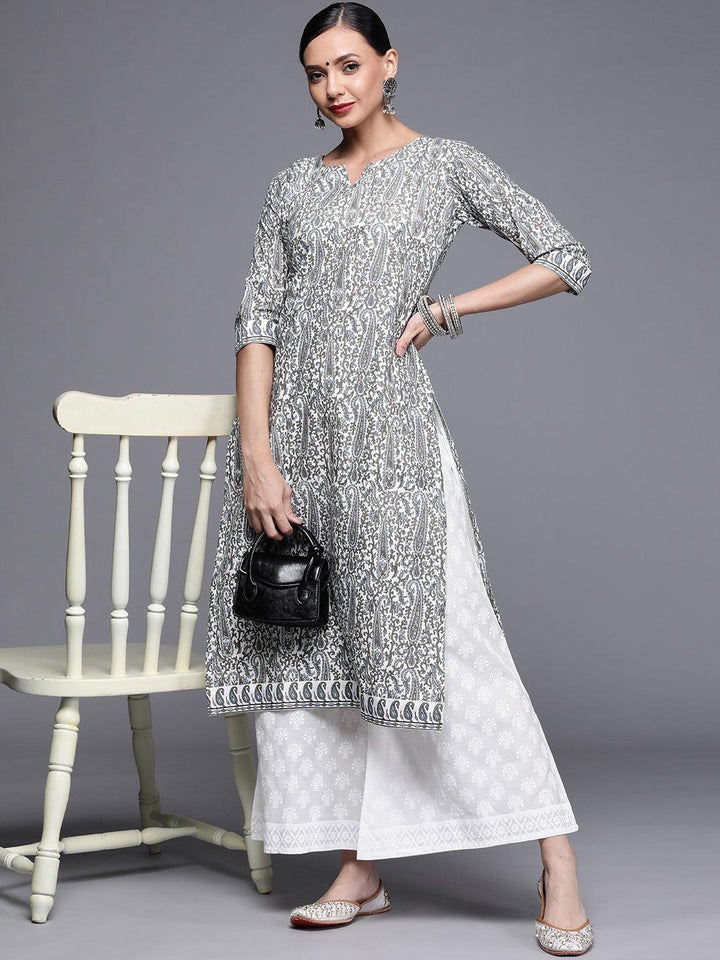 Grey Printed Chanderi Silk Kurta