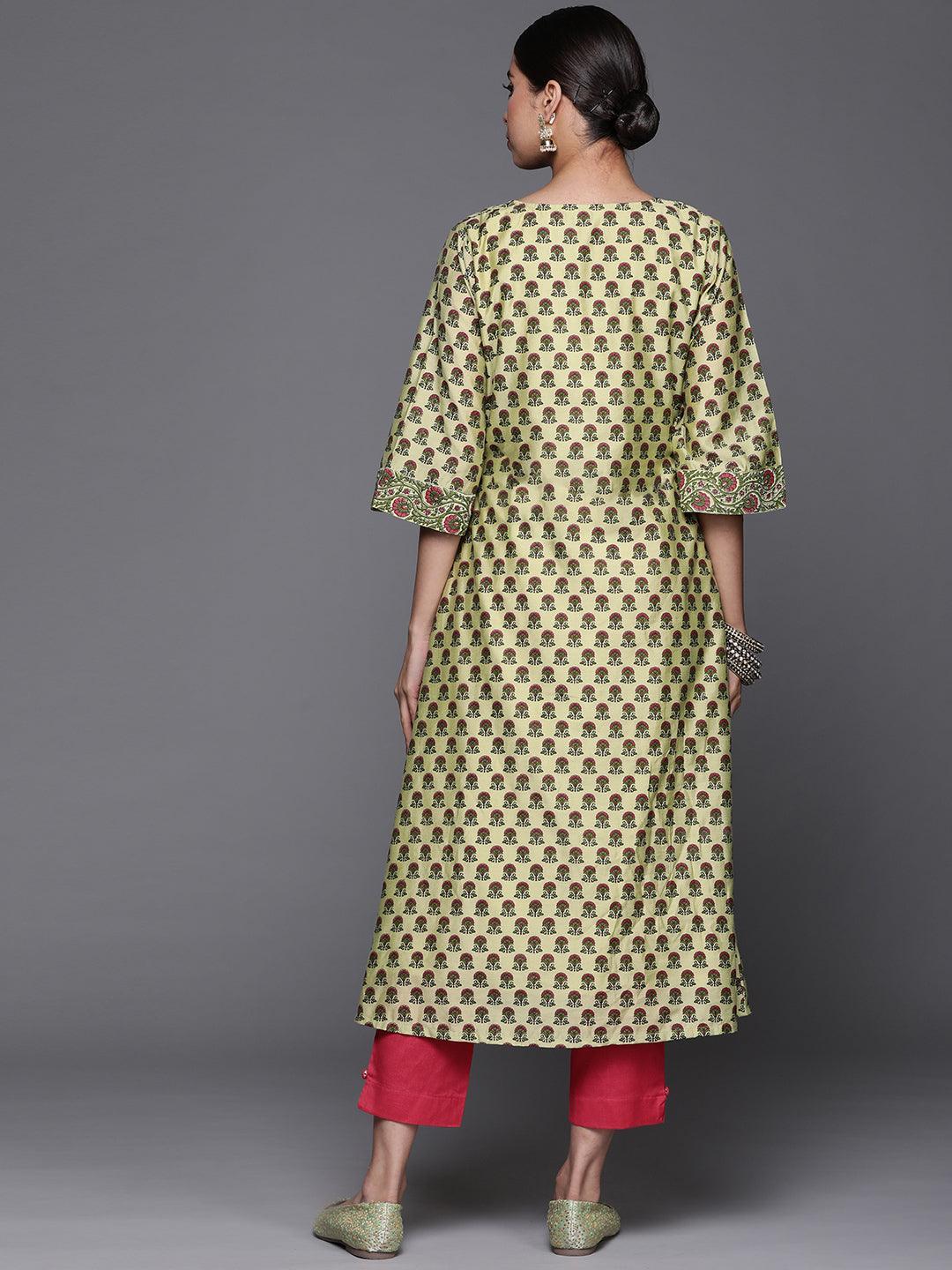 Green Printed Chanderi Silk Kurta - ShopLibas