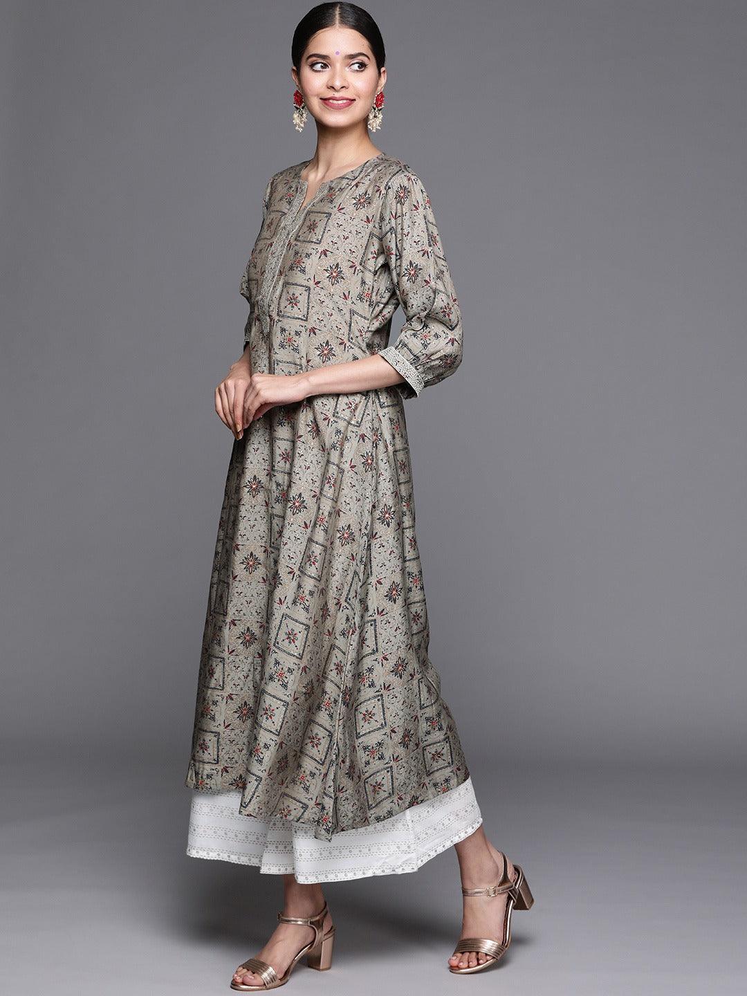 Grey Printed Chanderi Silk Kurta - ShopLibas