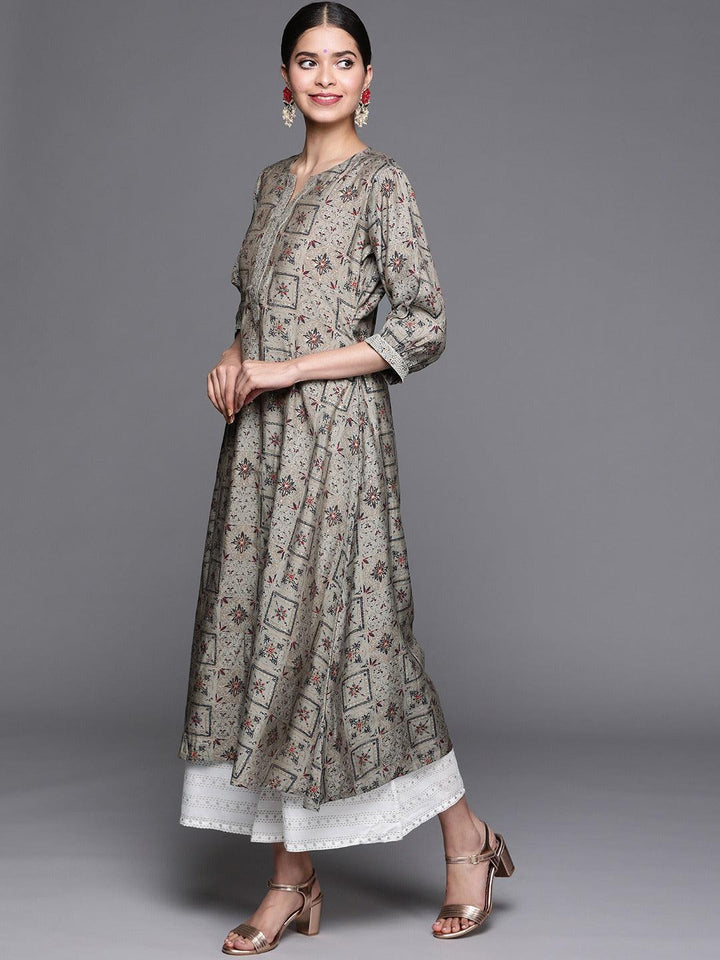 Grey Printed Chanderi Silk Kurta