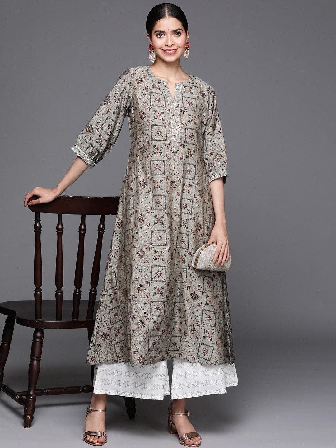 Grey Printed Chanderi Silk Kurta - ShopLibas