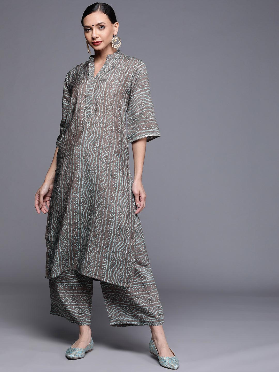 Grey Printed Chanderi Silk Kurta - ShopLibas