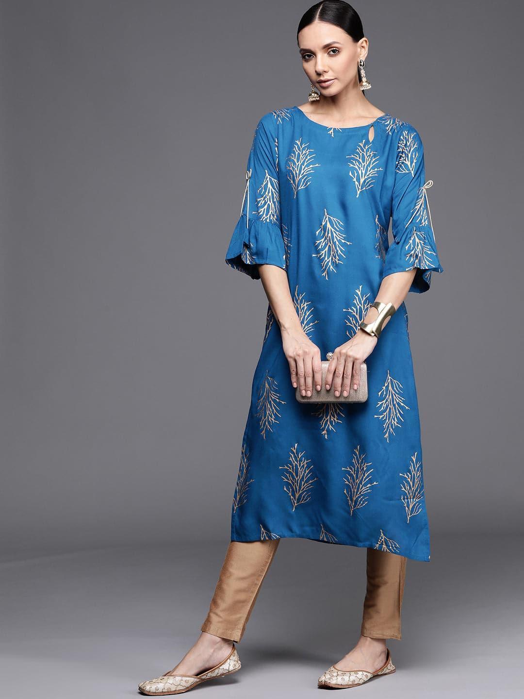 Blue Printed Rayon Kurta - ShopLibas