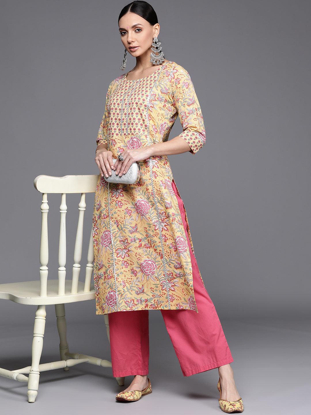 Yellow Printed Cotton Kurta - ShopLibas