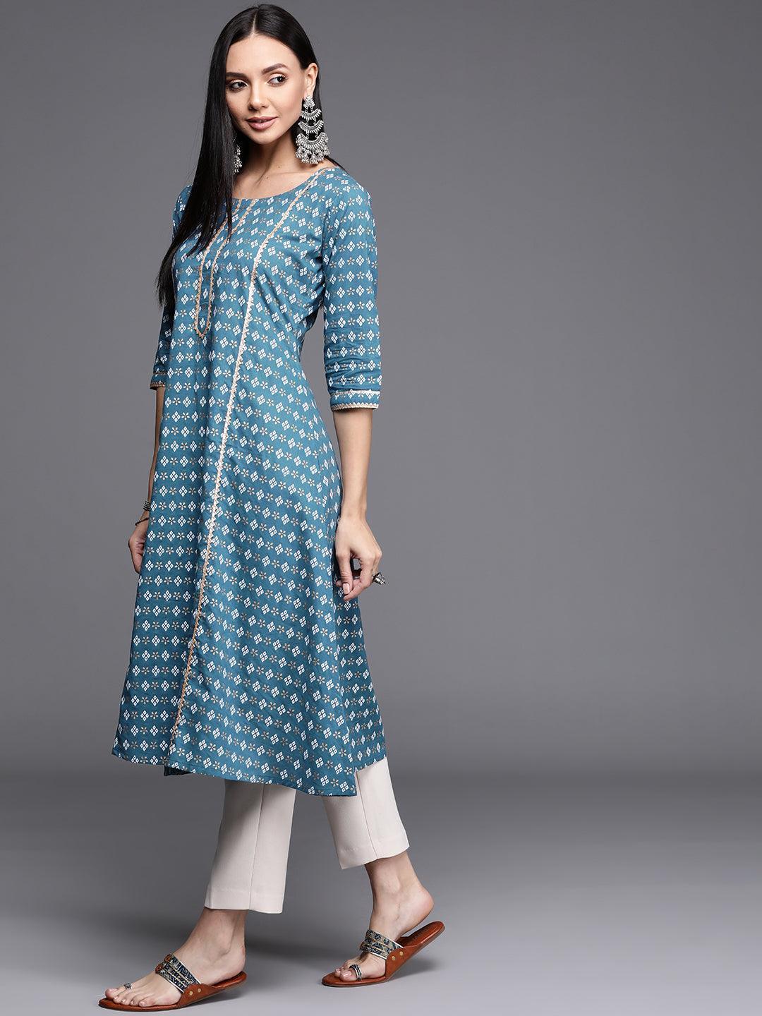 Blue Printed Cotton Kurta - ShopLibas