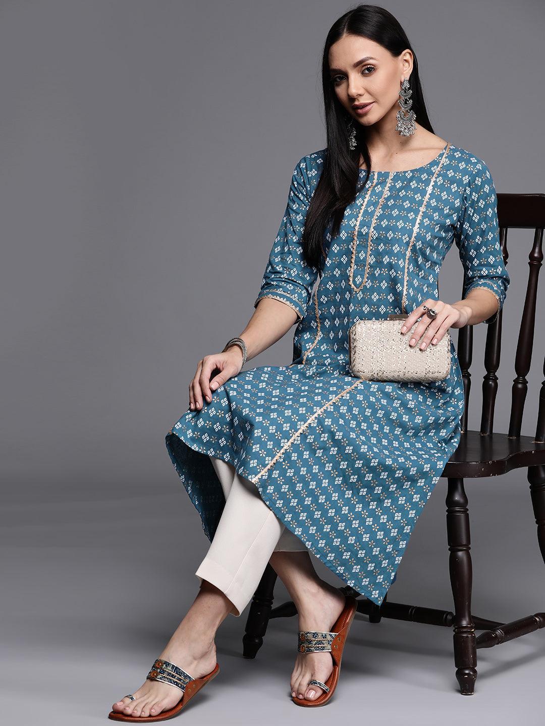 Blue Printed Cotton Kurta - ShopLibas