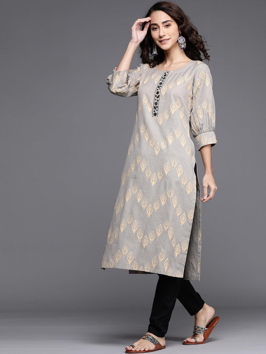 Grey Printed Cotton Kurta - ShopLibas