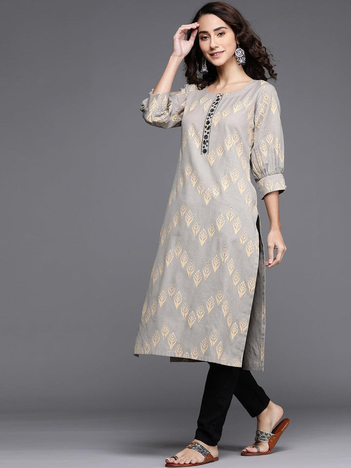 Grey Printed Cotton Kurta