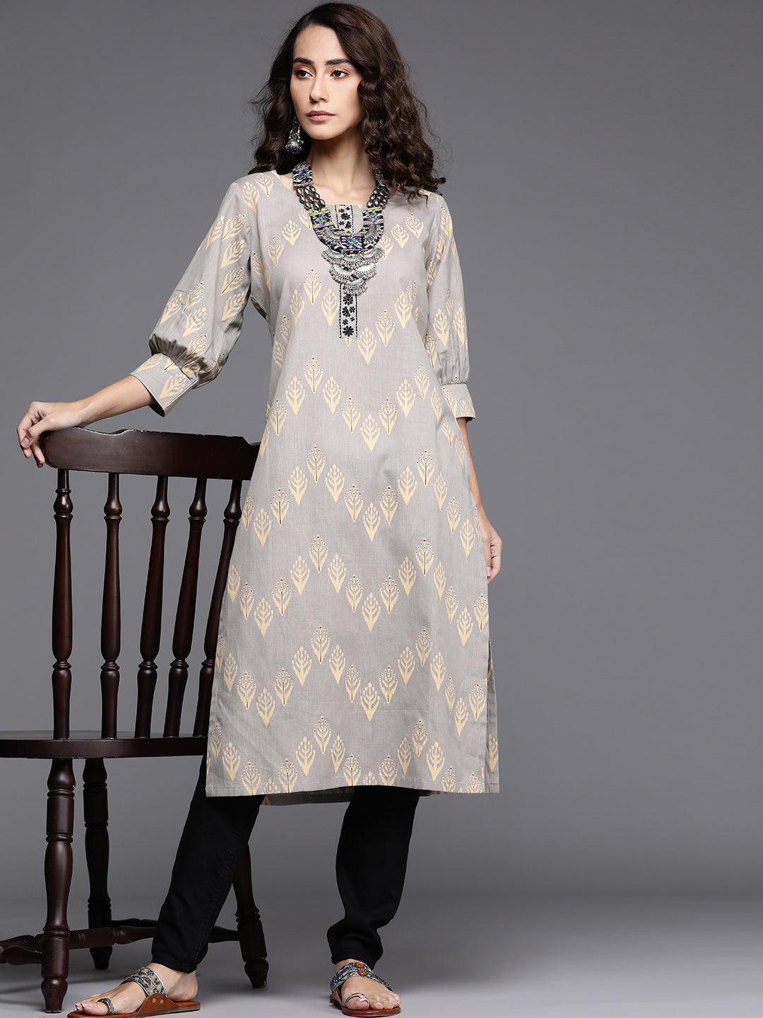 Grey Printed Cotton Kurta - ShopLibas