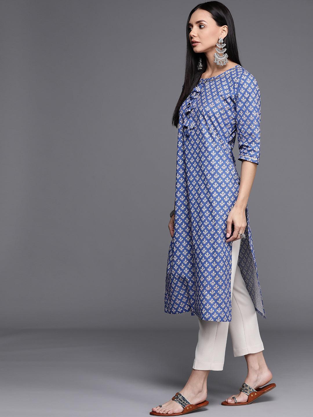 Blue Printed Cotton Kurta - ShopLibas