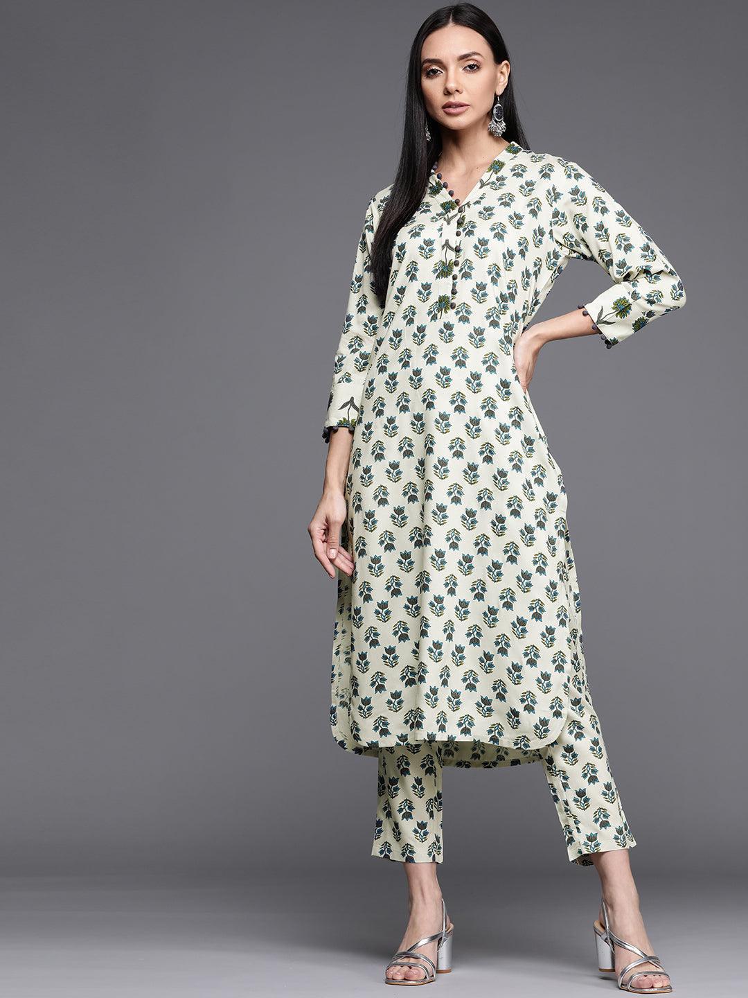 Off White Printed Cotton Kurta - ShopLibas