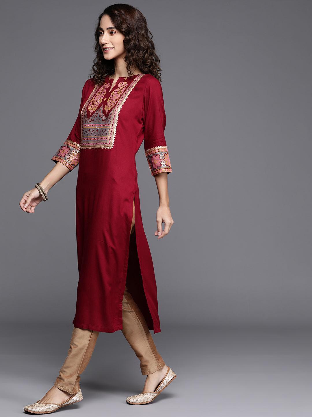 Maroon Printed Rayon Kurta - ShopLibas