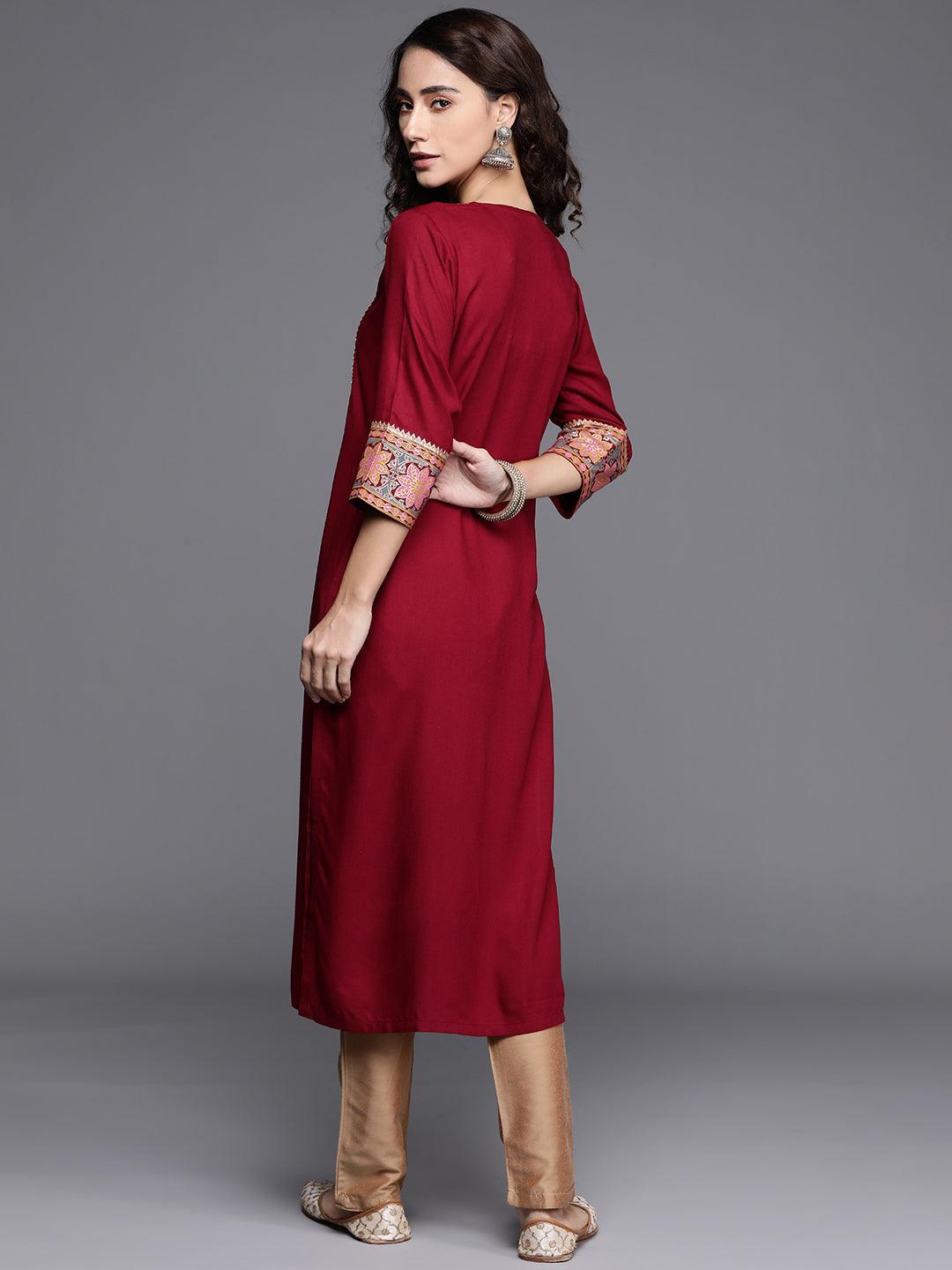 Maroon Printed Rayon Kurta - ShopLibas