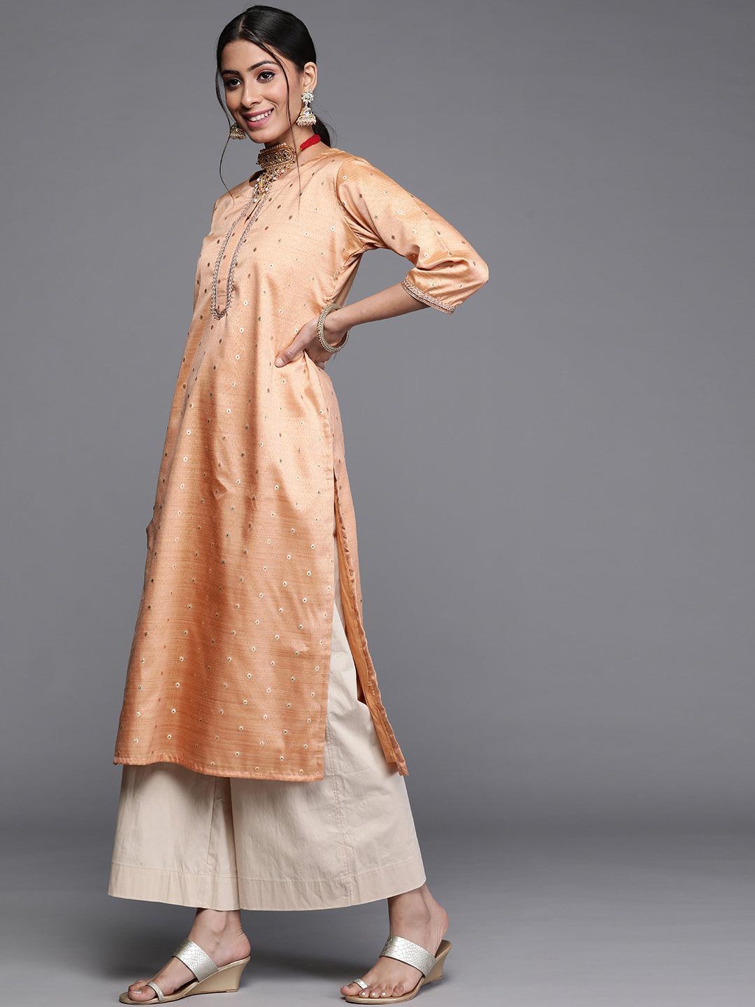 Beige Woven Design Chanderi Silk Kurta - ShopLibas