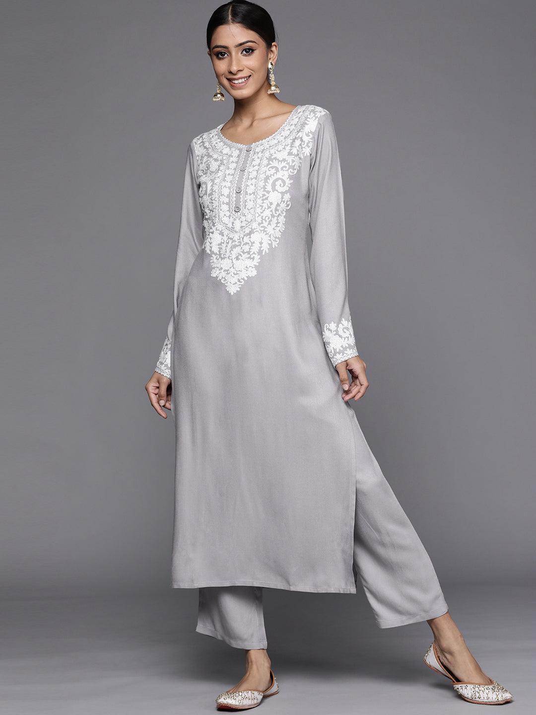 Grey Printed Pashmina Wool Kurta - ShopLibas