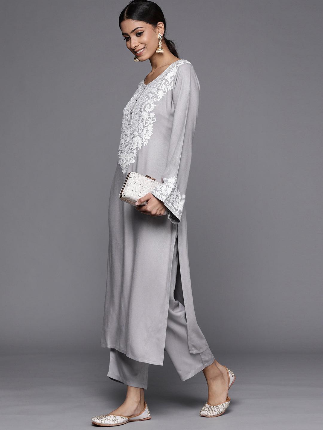 Grey Printed Pashmina Wool Kurta - ShopLibas