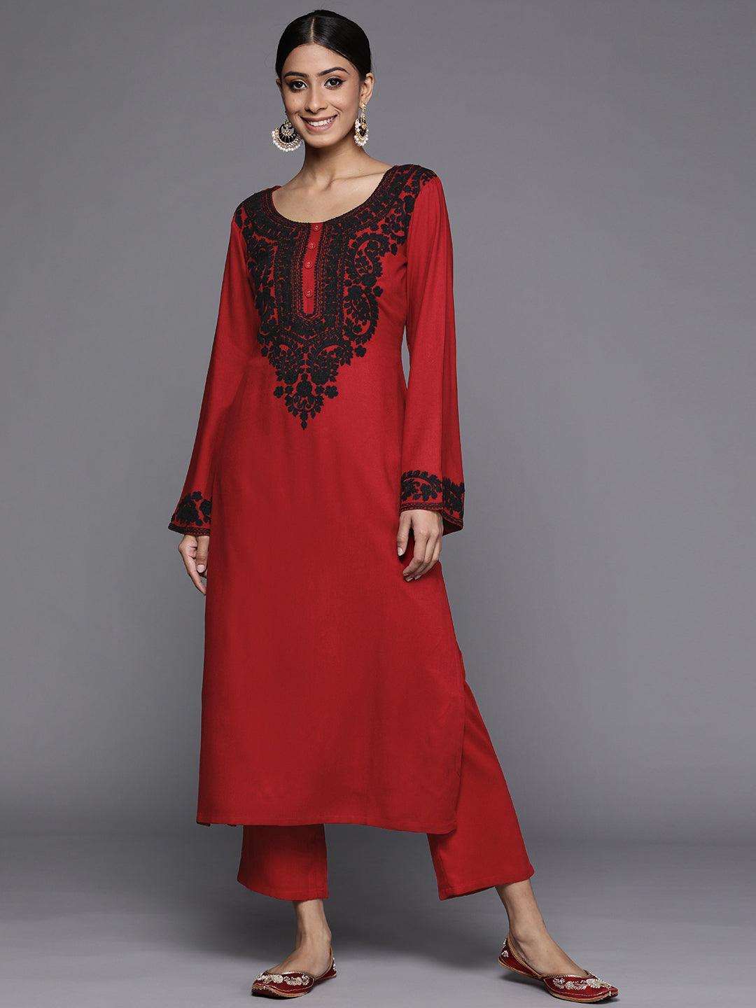 Maroon Printed Pashmina Wool Kurta - ShopLibas