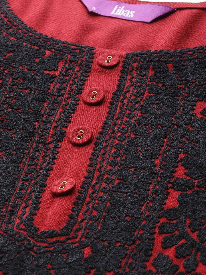 Maroon Printed Pashmina Wool Kurta