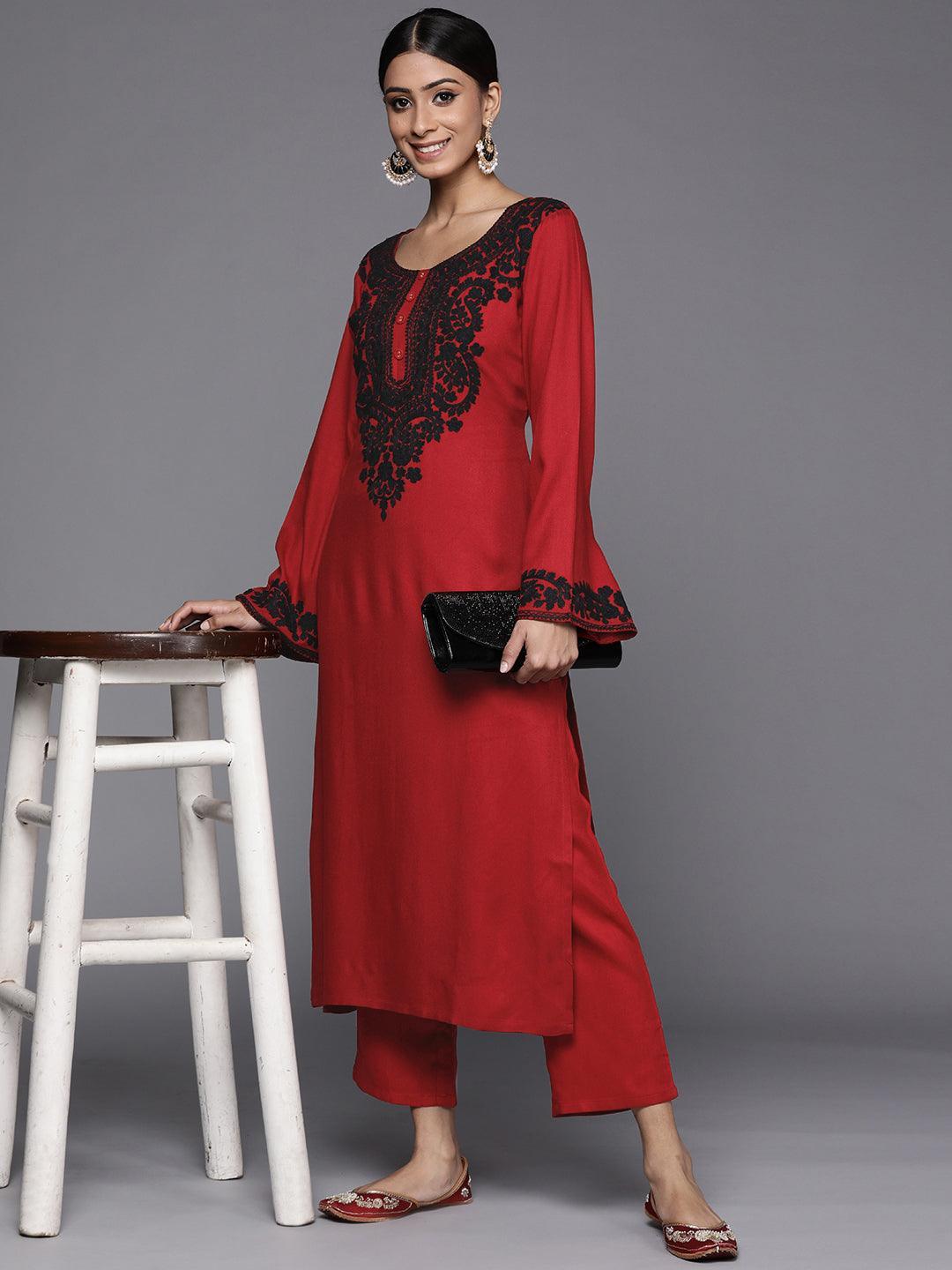 Maroon Printed Pashmina Wool Kurta - ShopLibas