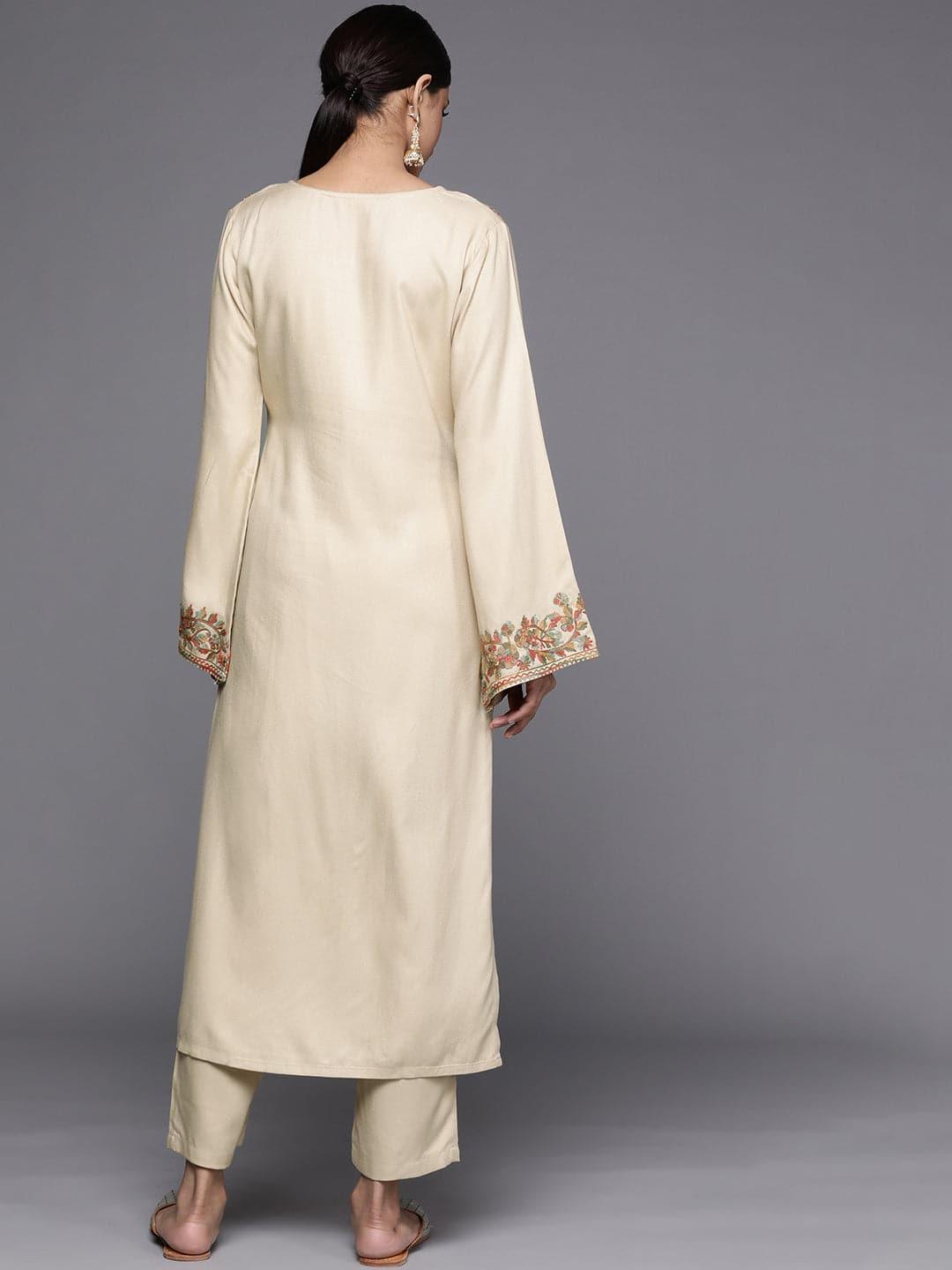 Beige Printed Pashmina Wool Kurta - ShopLibas