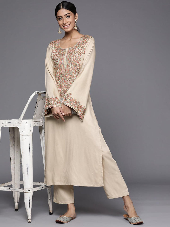 Beige Printed Pashmina Wool Kurta