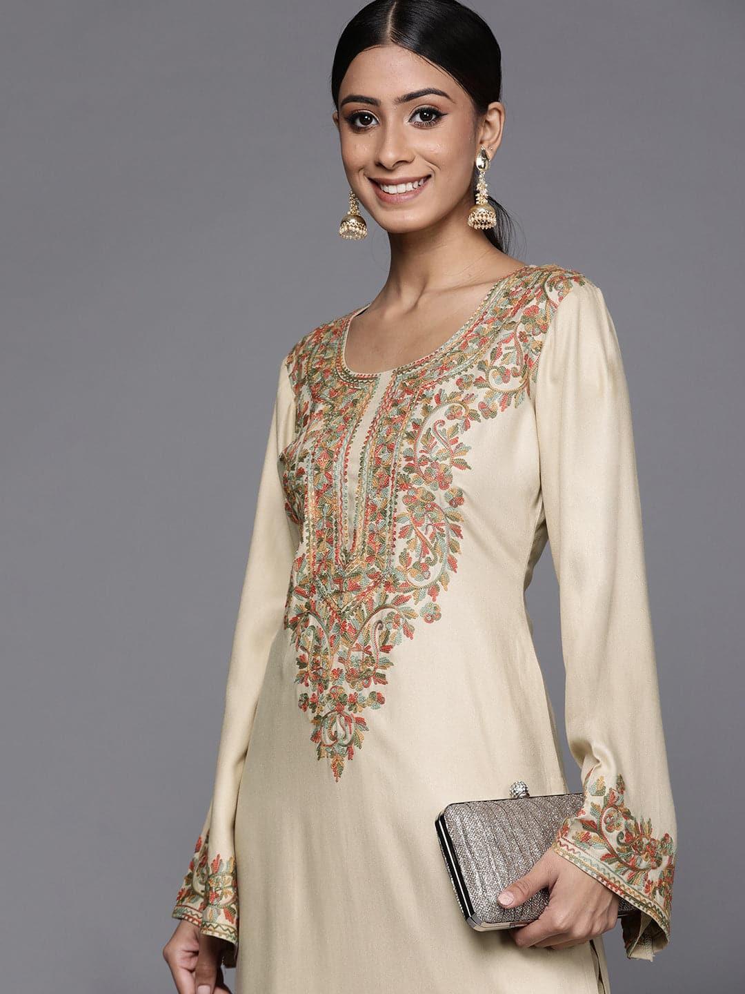 Beige Printed Pashmina Wool Kurta - ShopLibas