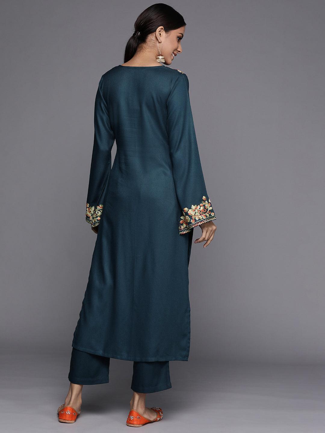 Blue Printed Pashmina Wool Kurta - ShopLibas