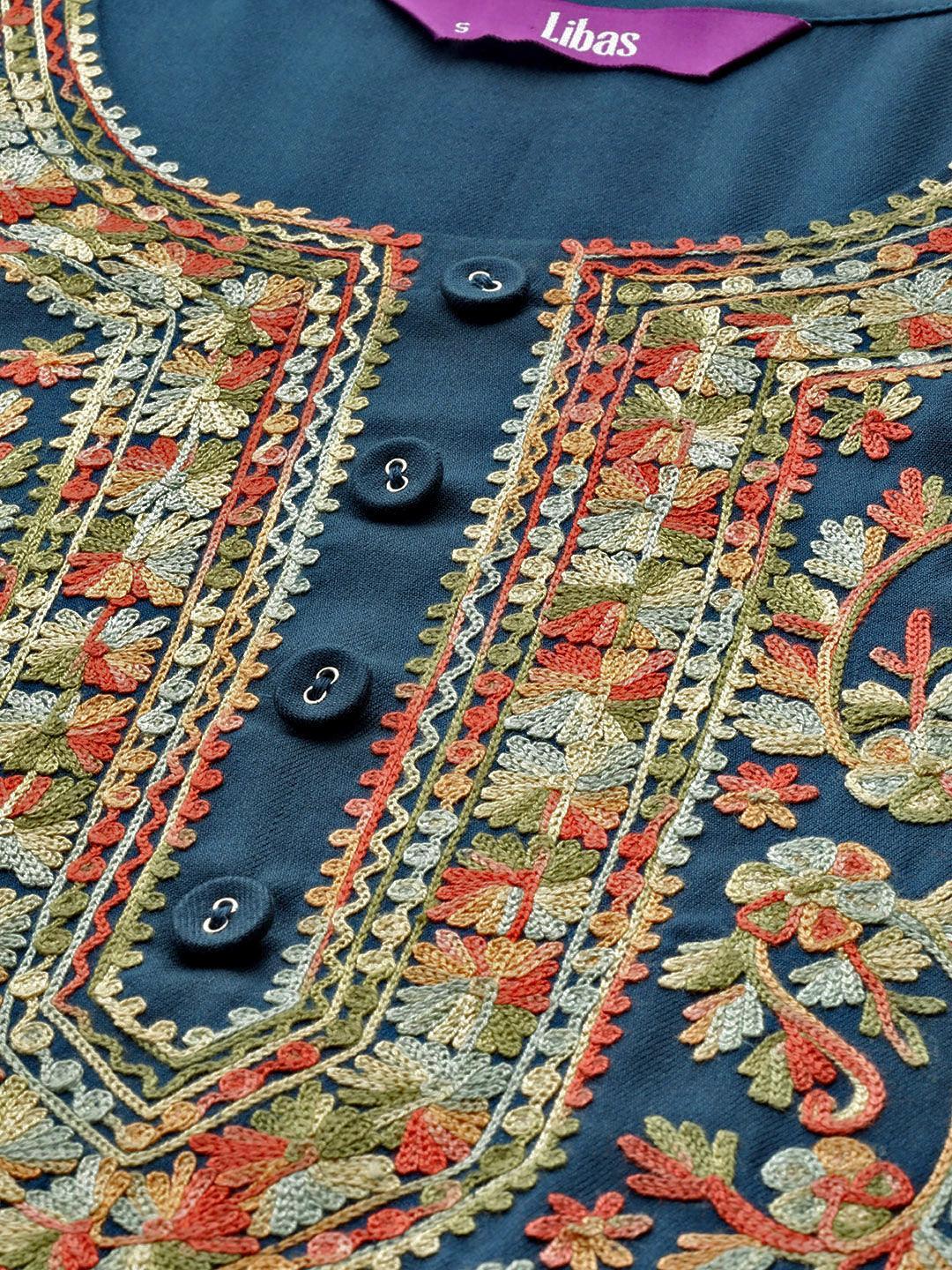 Blue Printed Pashmina Wool Kurta - ShopLibas