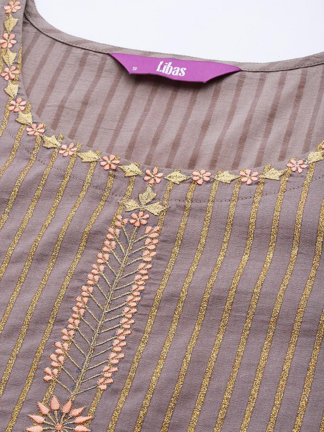 Grey Striped Chanderi Silk Kurta - ShopLibas