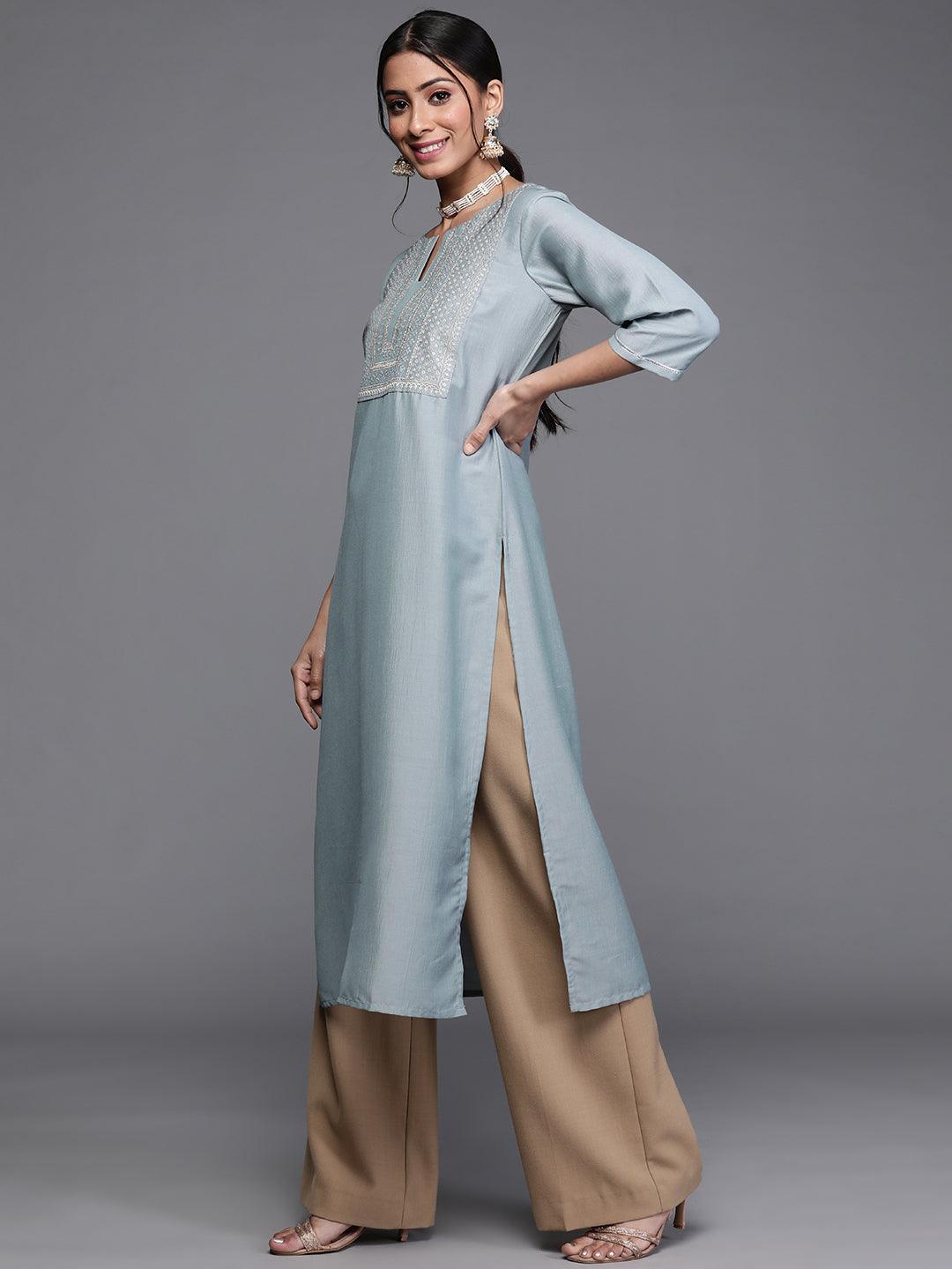 Blue Printed Chanderi Silk Kurta - ShopLibas