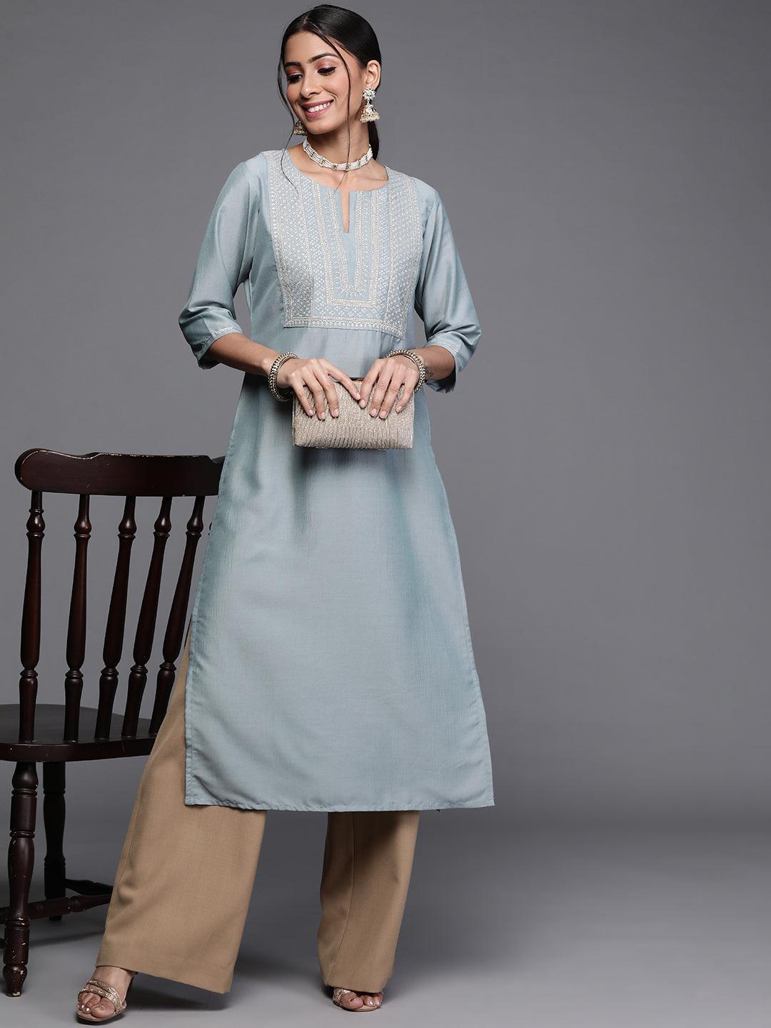 Blue Printed Chanderi Silk Kurta - ShopLibas