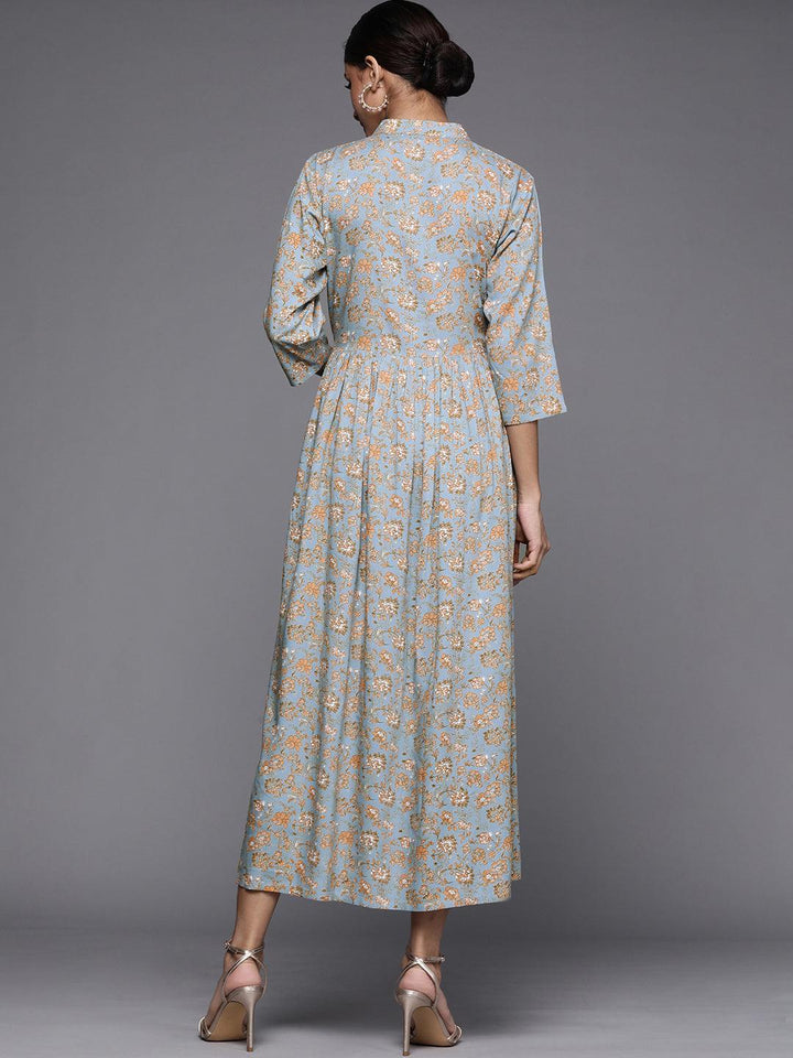 Blue Printed Rayon Maxi Dress