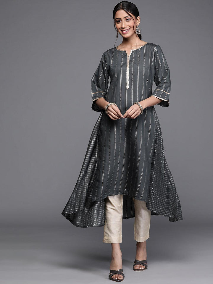 Grey Striped Chanderi Silk Kurta