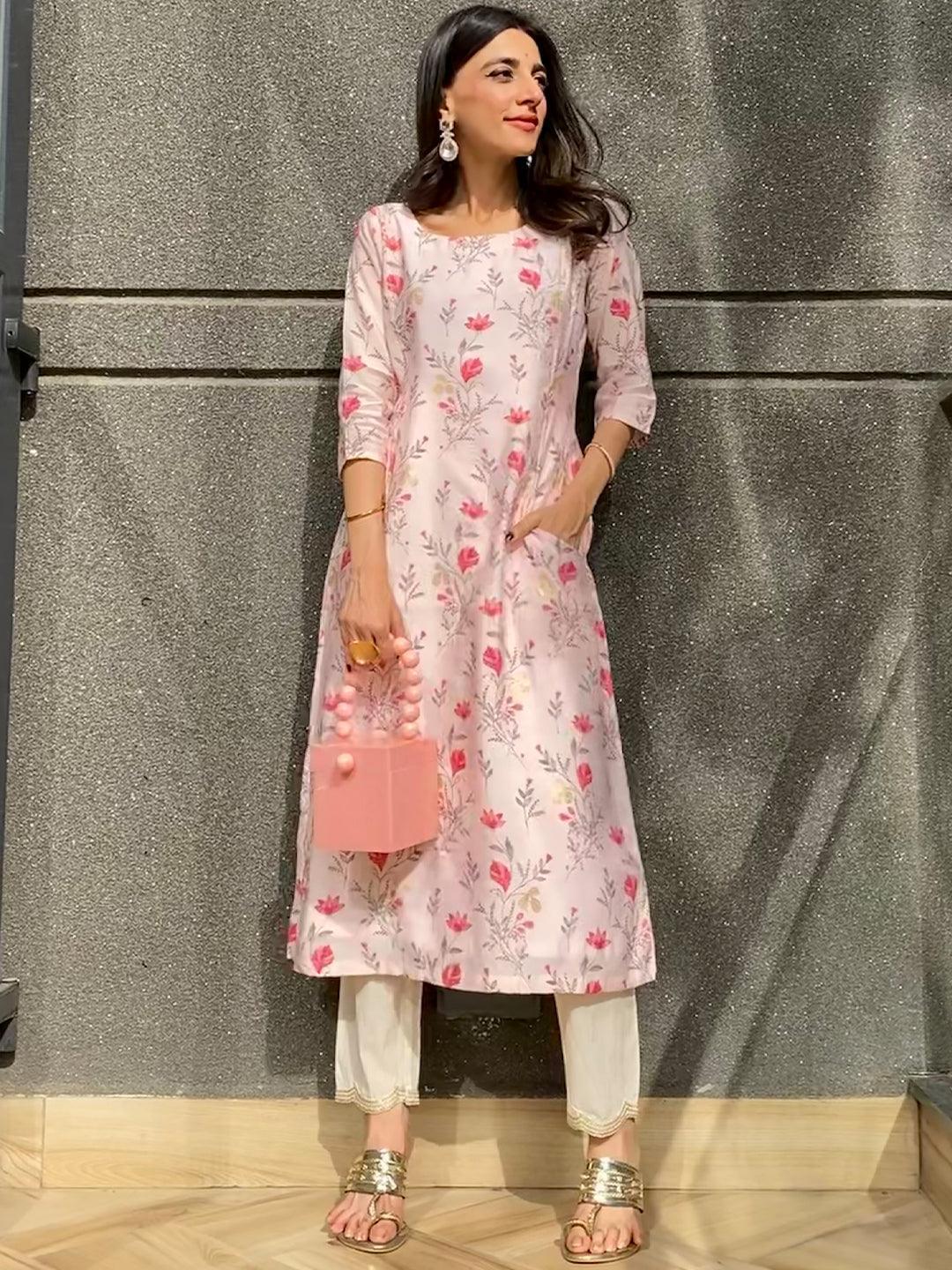 Pink Printed Chanderi Silk Kurta - ShopLibas