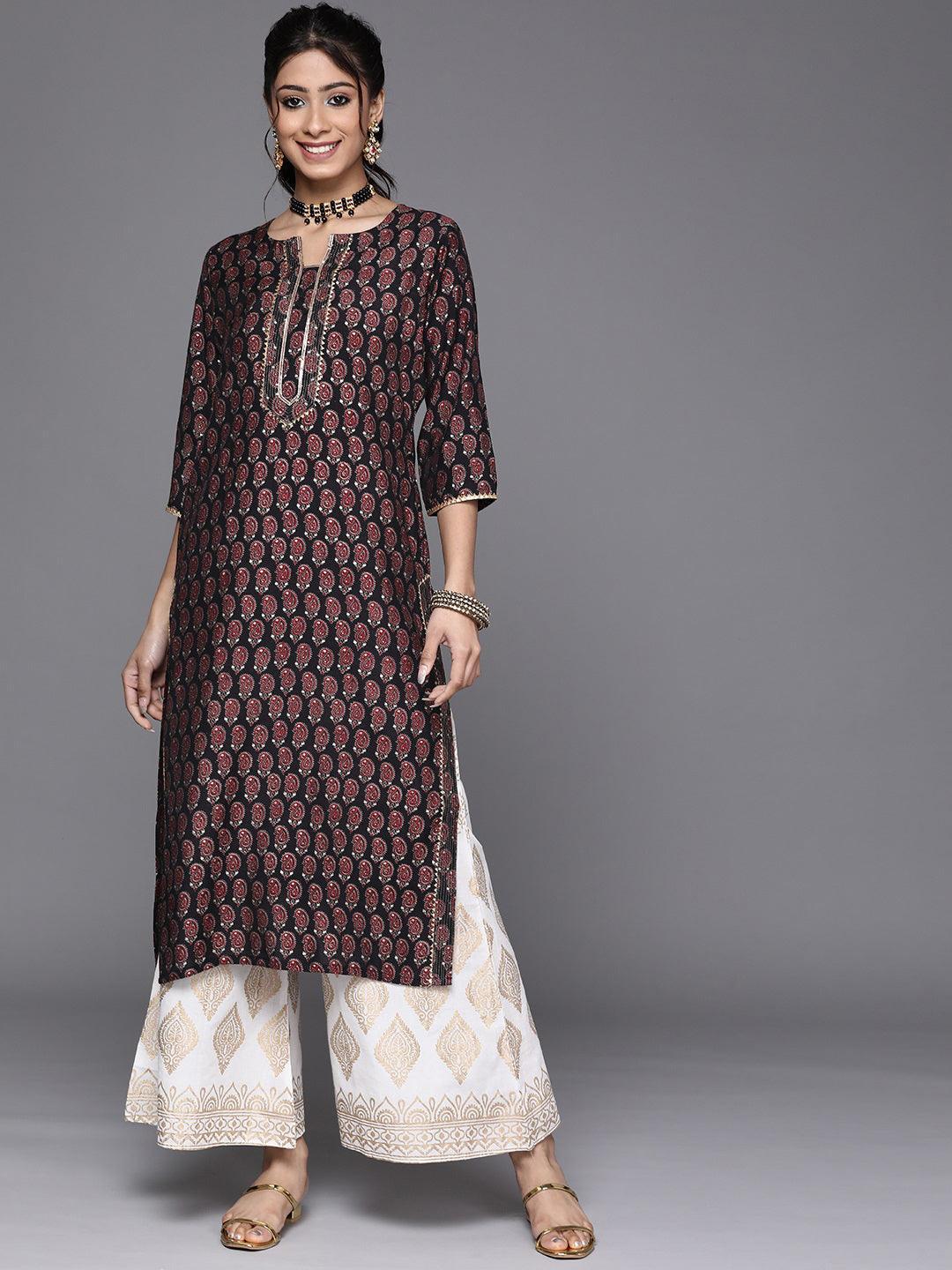 Black Printed Chanderi Silk Kurta - ShopLibas