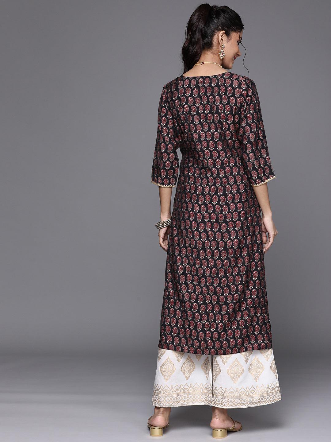Black Printed Chanderi Silk Kurta - ShopLibas
