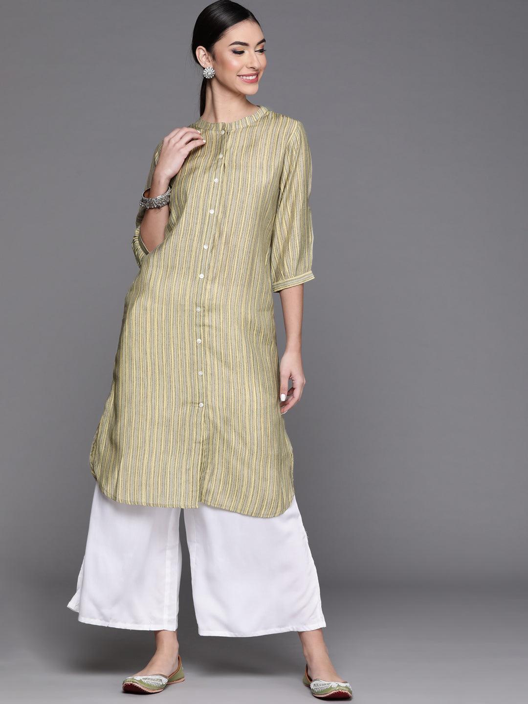 Olive Printed Chanderi Silk Kurta - ShopLibas
