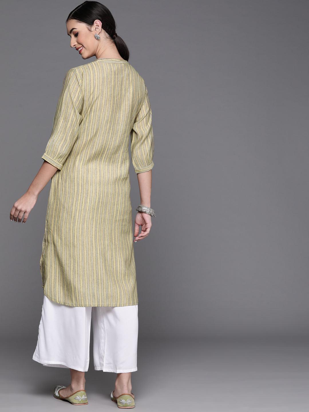 Olive Printed Chanderi Silk Kurta - ShopLibas