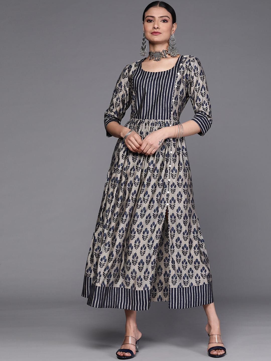 Taupe Printed Silk Dress - ShopLibas