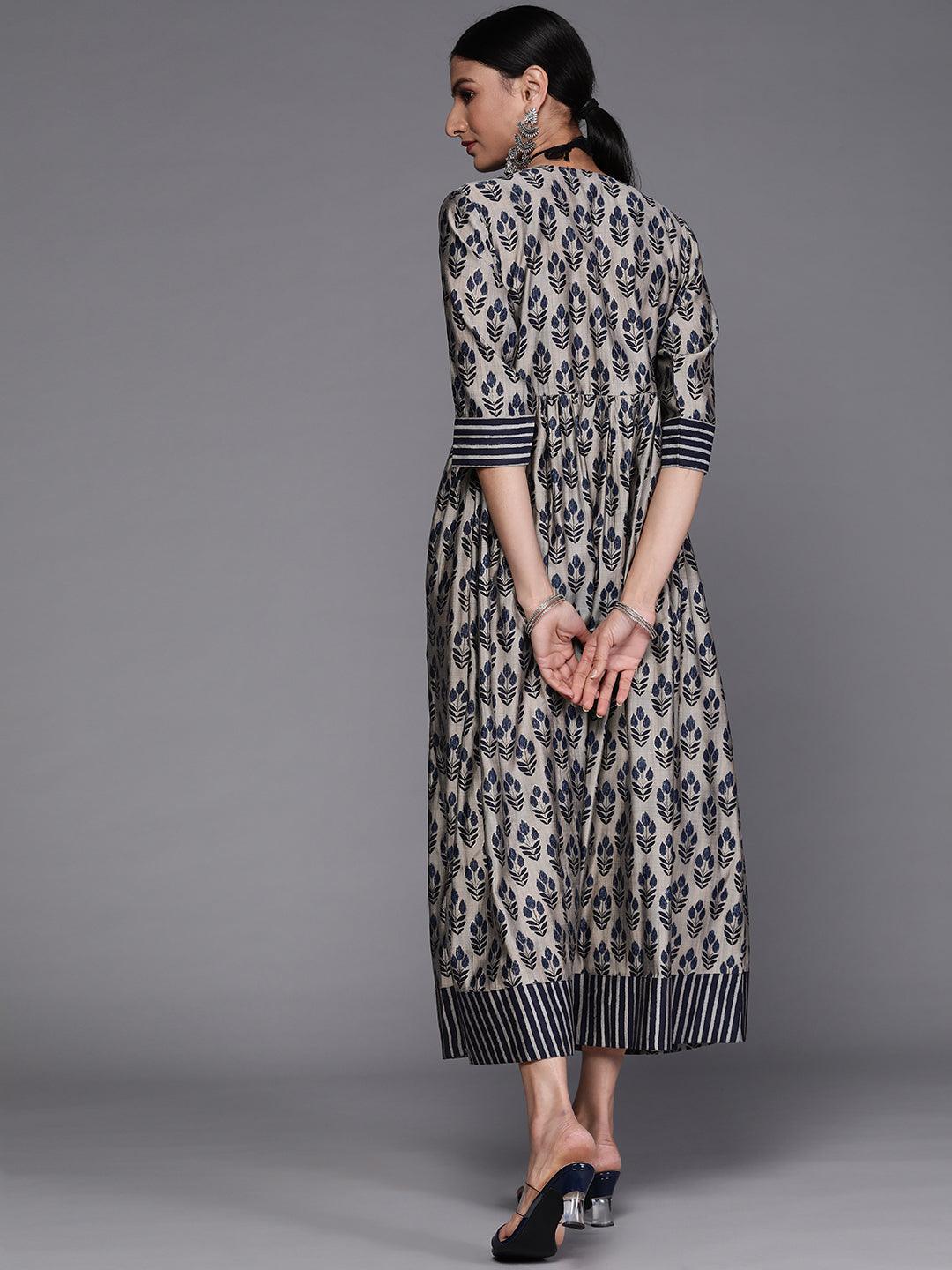 Taupe Printed Silk Dress - ShopLibas