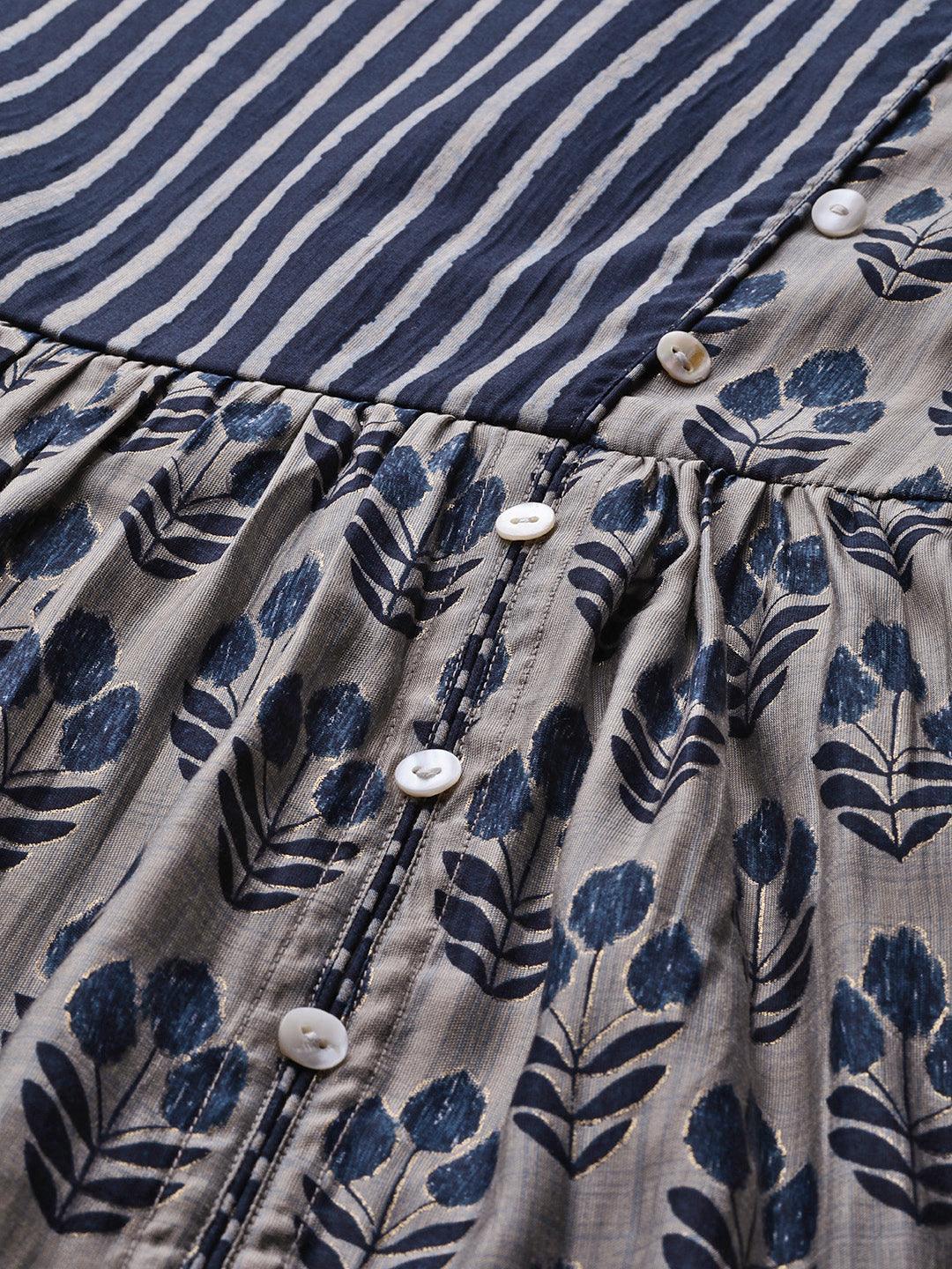 Taupe Printed Silk Dress - ShopLibas