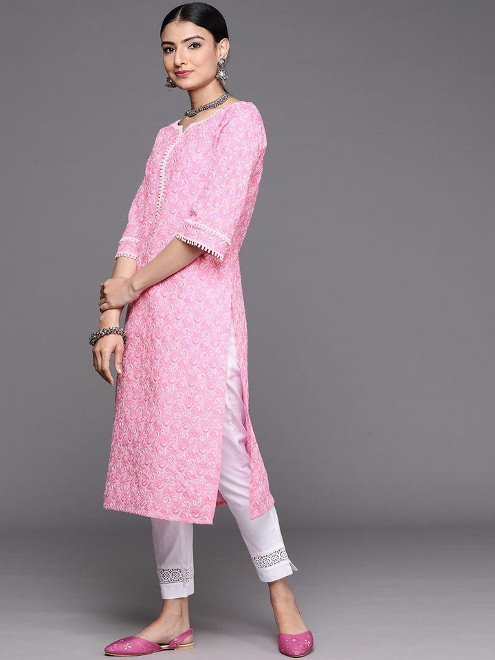 Pink Embroidered Cotton Kurta