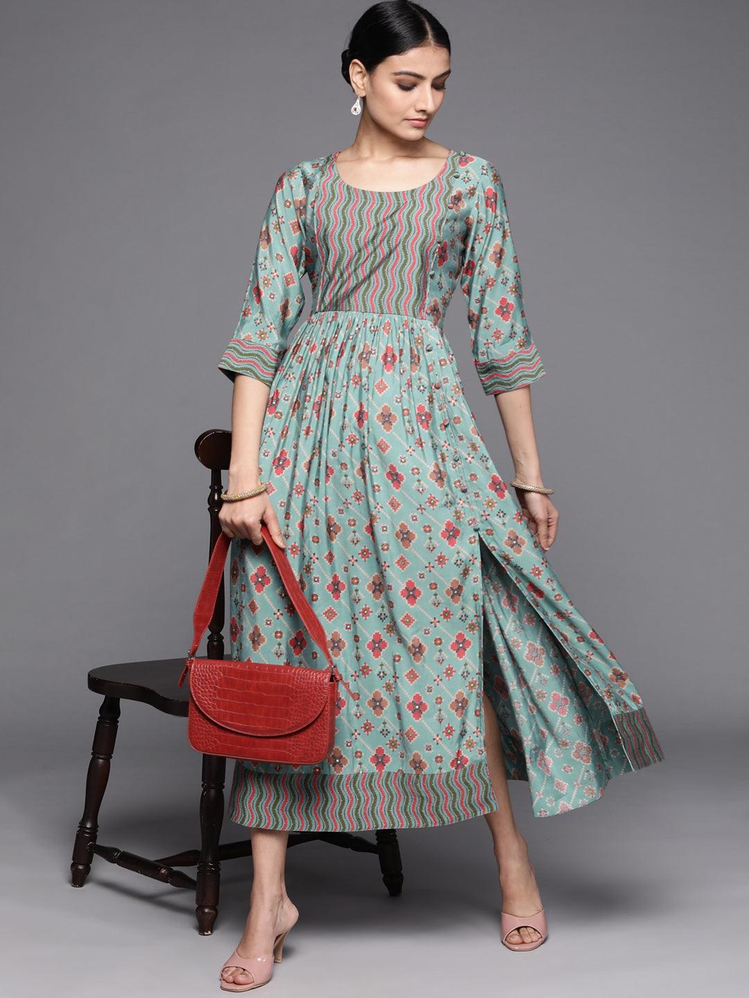Blue Printed Silk Dress - ShopLibas