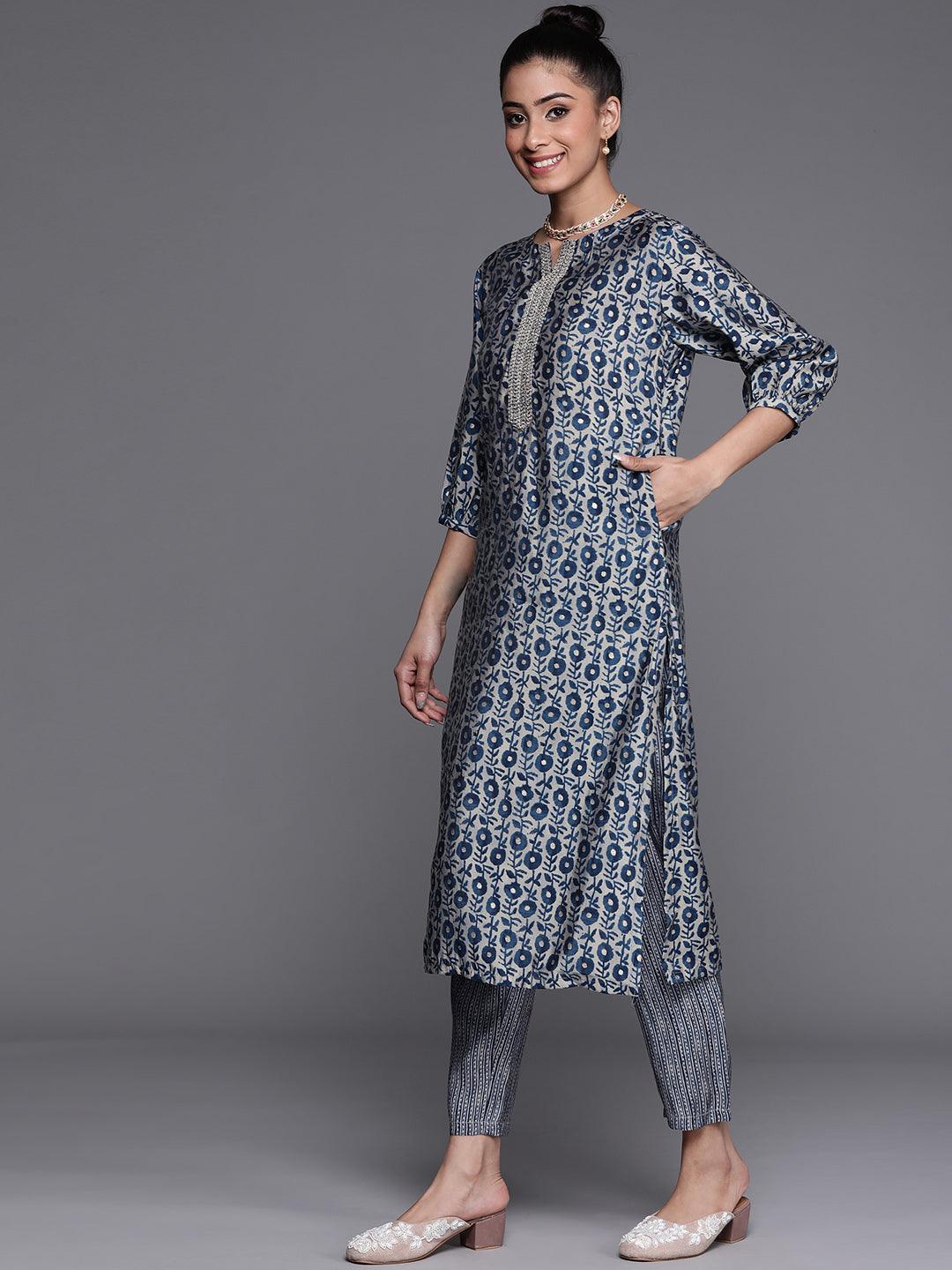 Blue Printed Chanderi Silk Kurta - ShopLibas