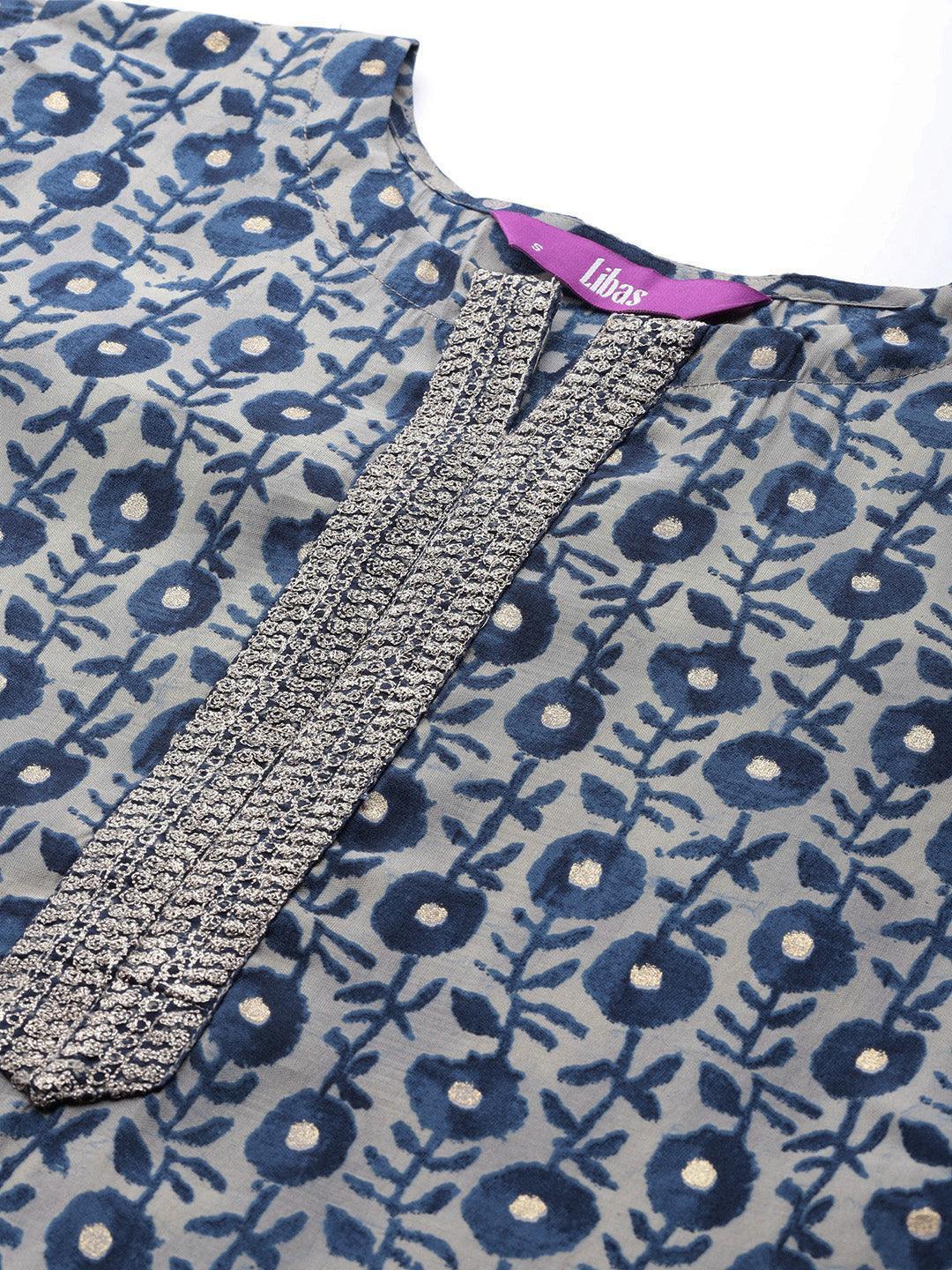 Blue Printed Chanderi Silk Kurta - ShopLibas