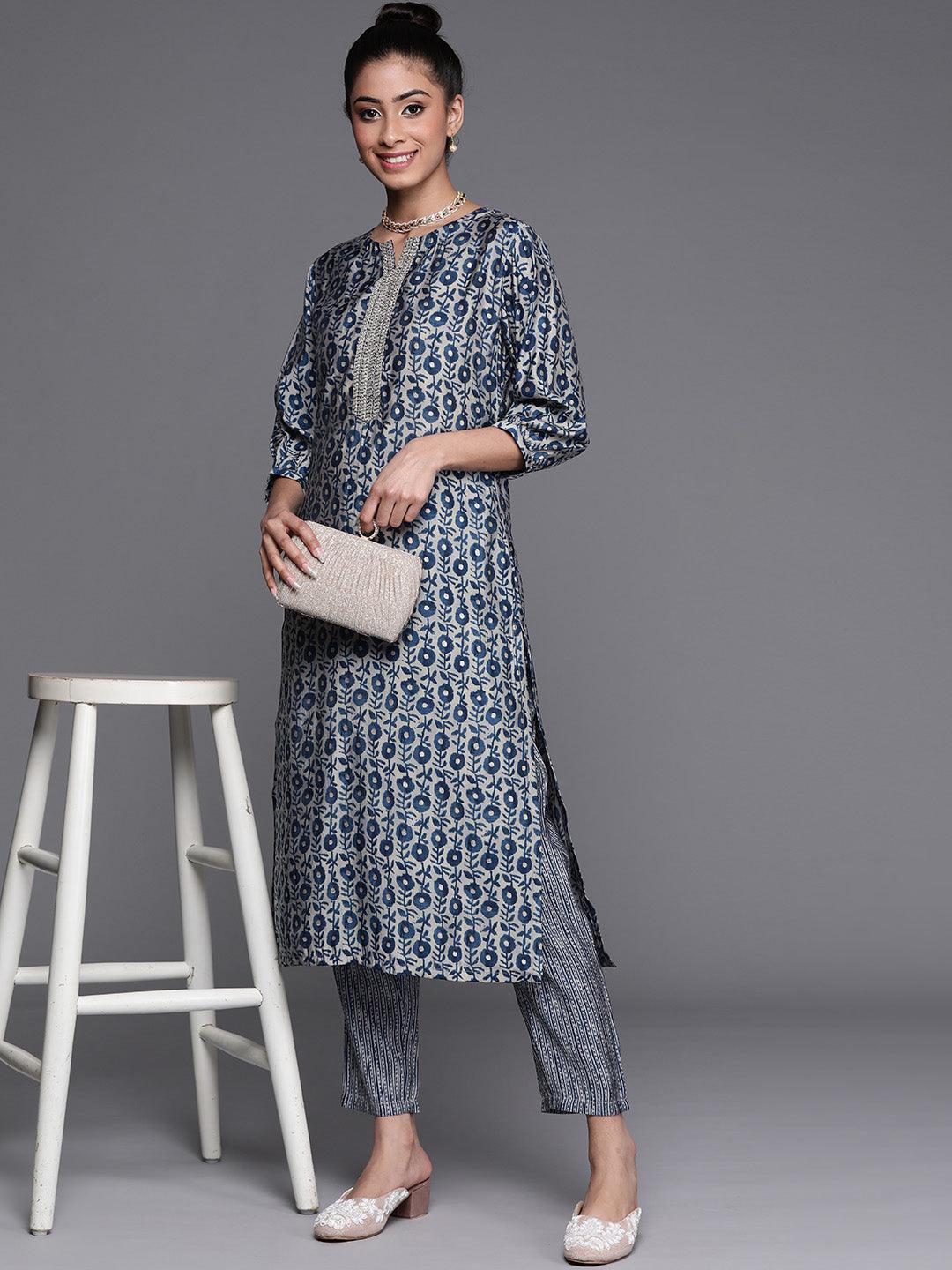 Blue Printed Chanderi Silk Kurta - ShopLibas