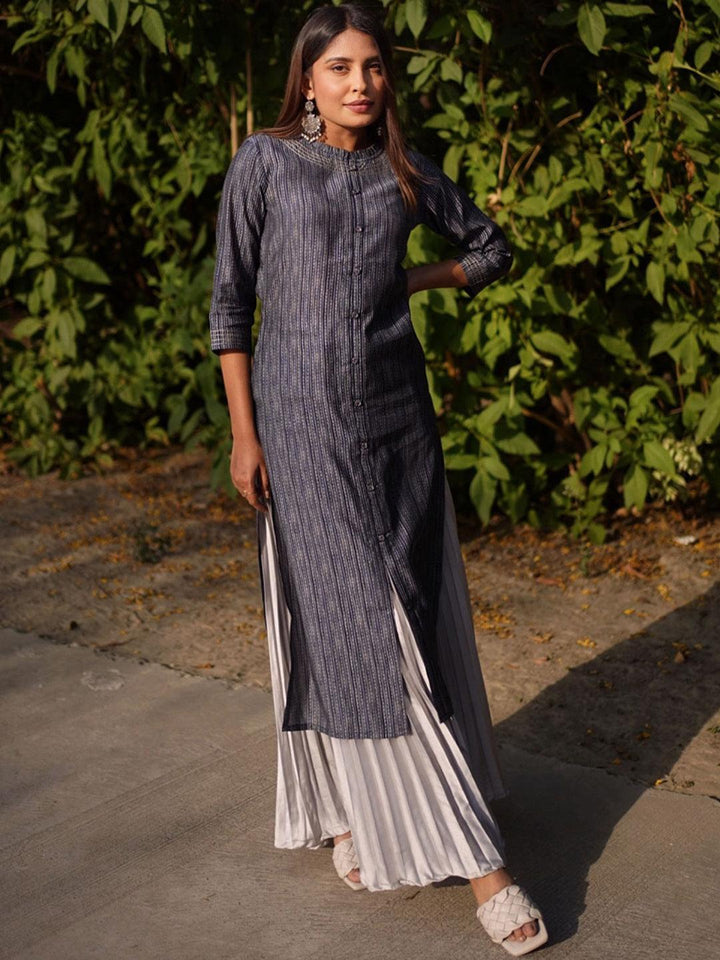Navy Blue Printed Chanderi Silk Kurta
