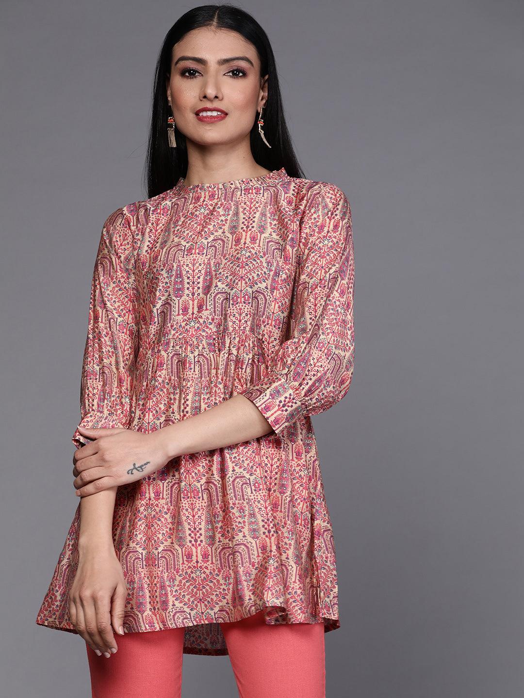 Beige Printed Silk Blend Kurti - ShopLibas